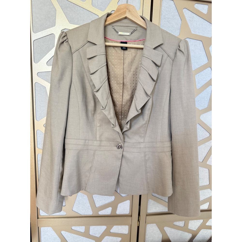 White House Black Market Tan Ruffle Lapel Puff Sleeve Blazer Jacket Size 10